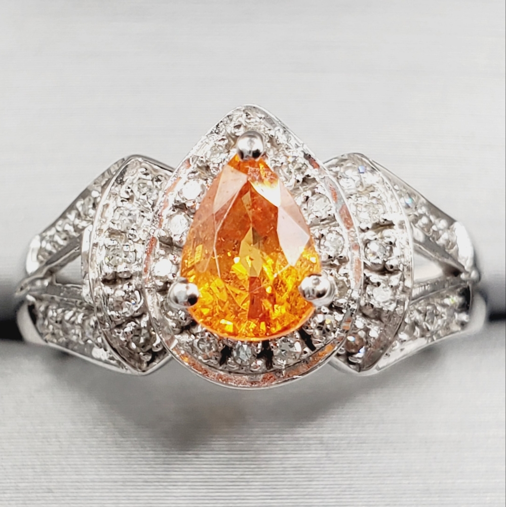 14k Solid White Gold Pear Shaped Orange Spessartite Garnet & Diamond Halo Ring - Picture 1 of 9
